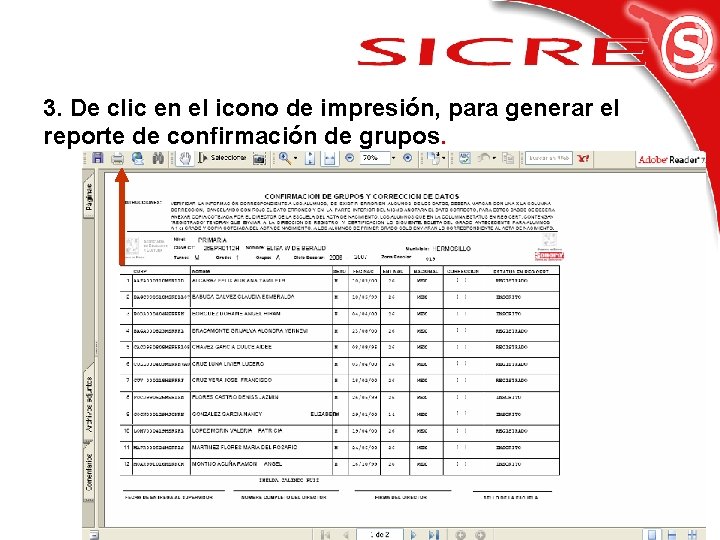 3. De clic en el icono de impresión, para generar el reporte de confirmación