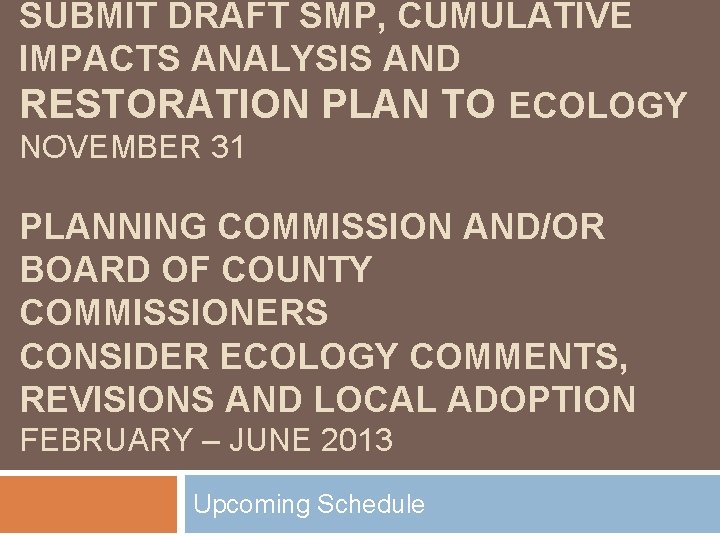 SUBMIT DRAFT SMP, CUMULATIVE IMPACTS ANALYSIS AND RESTORATION PLAN TO ECOLOGY NOVEMBER 31 PLANNING