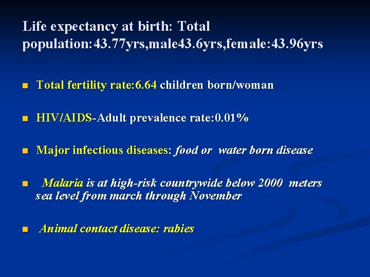 Life expectancy at birth: Total population: 43. 77 yrs, male 43. 6 yrs, female: