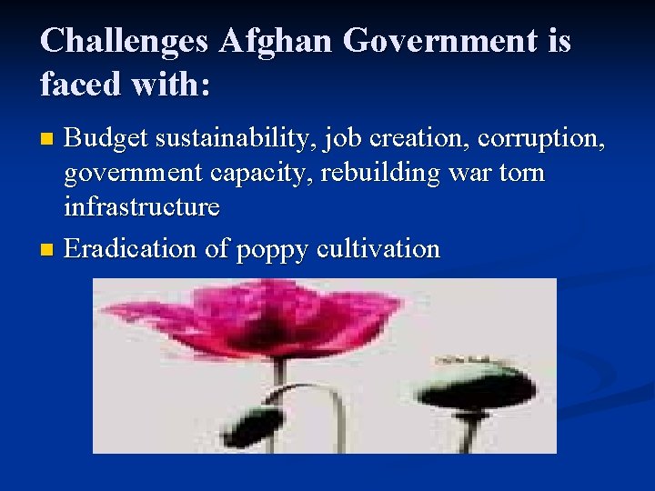 Challenges Afghan Government is faced with: Budget sustainability, job creation, corruption, government capacity, rebuilding