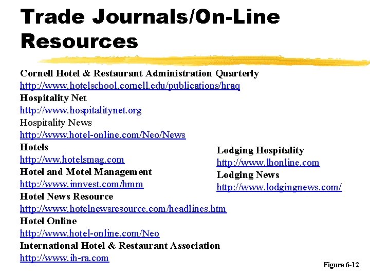 Trade Journals/On-Line Resources Cornell Hotel & Restaurant Administration Quarterly http: //www. hotelschool. cornell. edu/publications/hraq