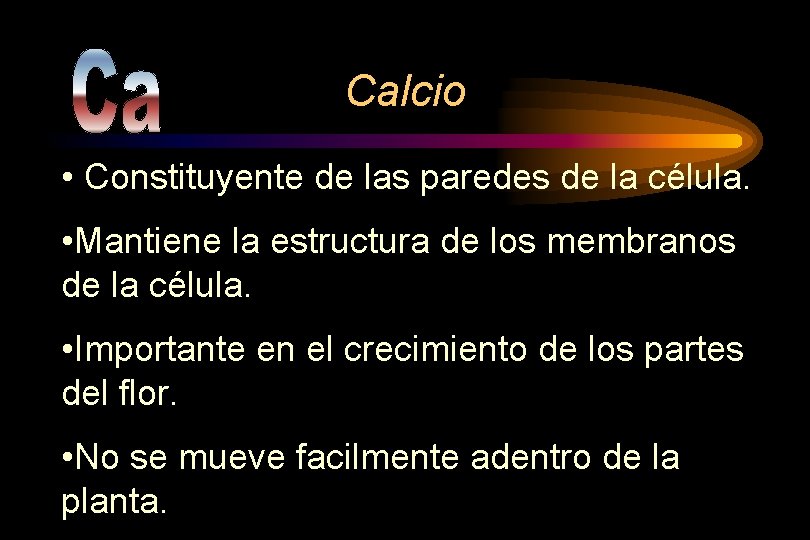 Calcio • Constituyente de las paredes de la célula. • Mantiene la estructura de