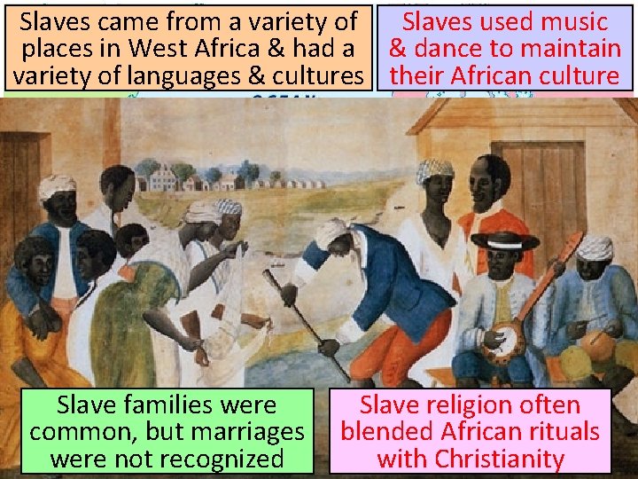 Slaves came from a variety of Slaves used music places in West Africa &