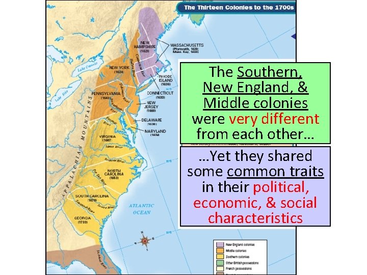 The Southern, New England, & Middle colonies were very different from each other… …Yet