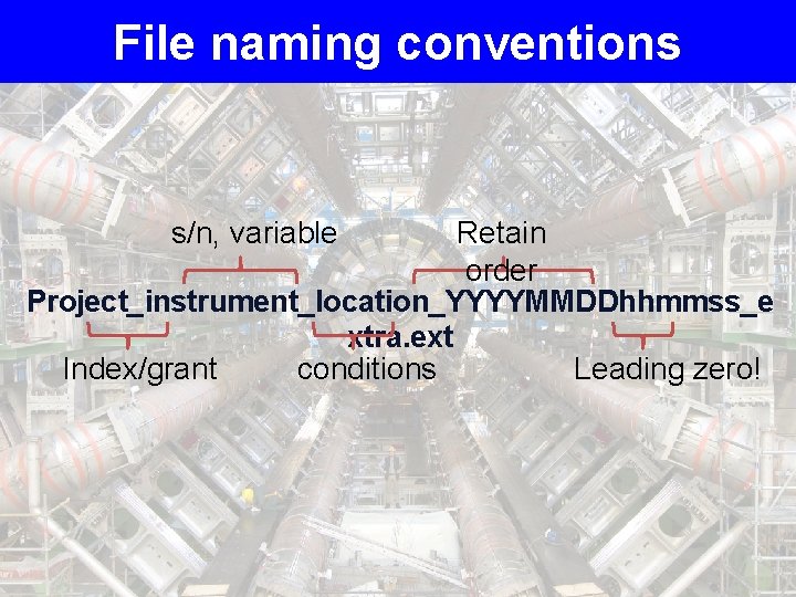 File naming conventions Retain order Project_instrument_location_YYYYMMDDhhmmss_e xtra. ext Index/grant conditions Leading zero! s/n, variable