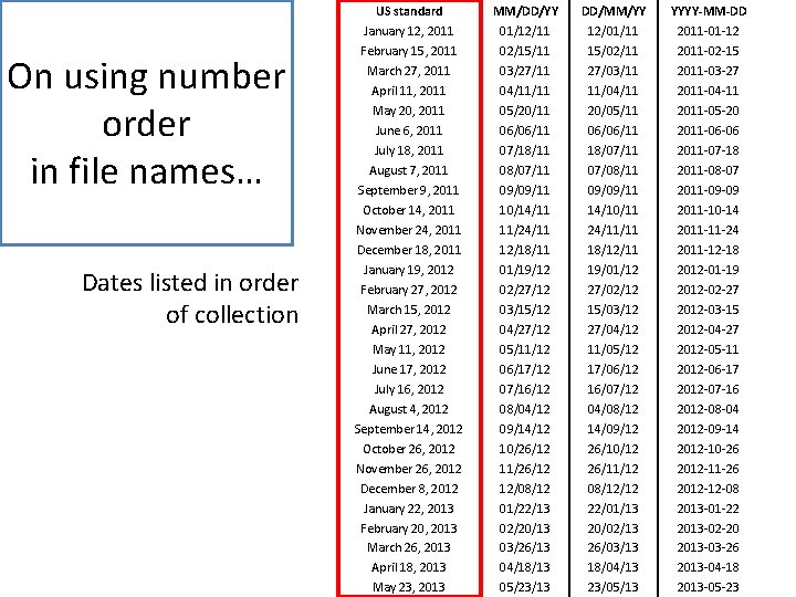 On using number order in file names… Dates listed in order of collection US