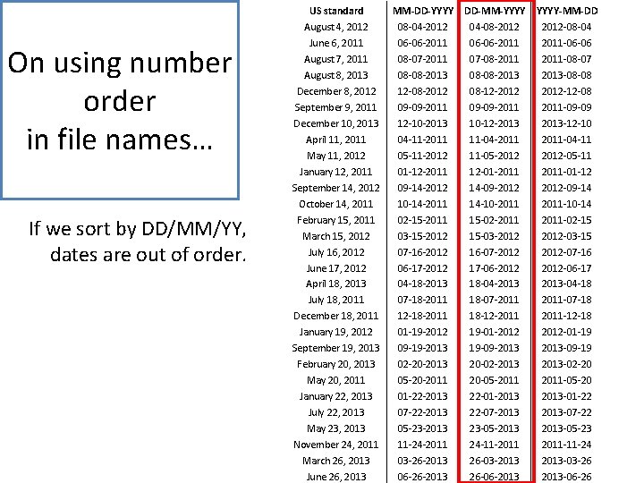 On using number order in file names… If we sort by DD/MM/YY, dates are
