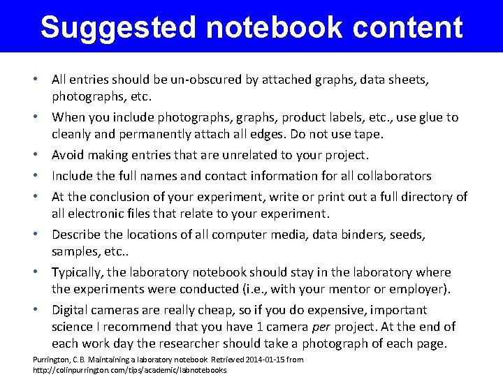 Suggested notebook content • All entries should be un-obscured by attached graphs, data sheets,