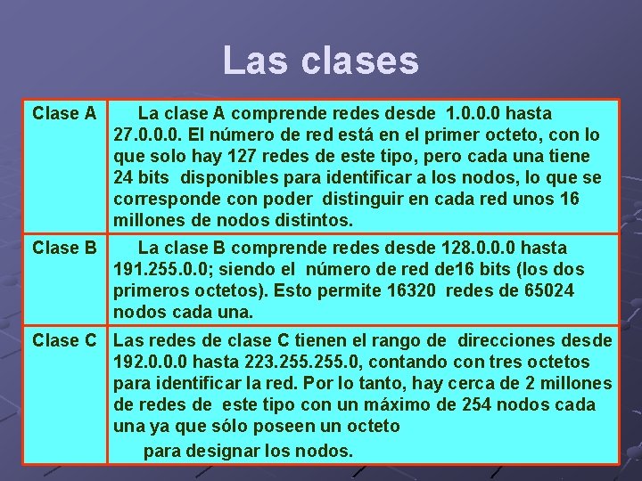 Las clases Clase A La clase A comprende redes desde 1. 0. 0. 0
