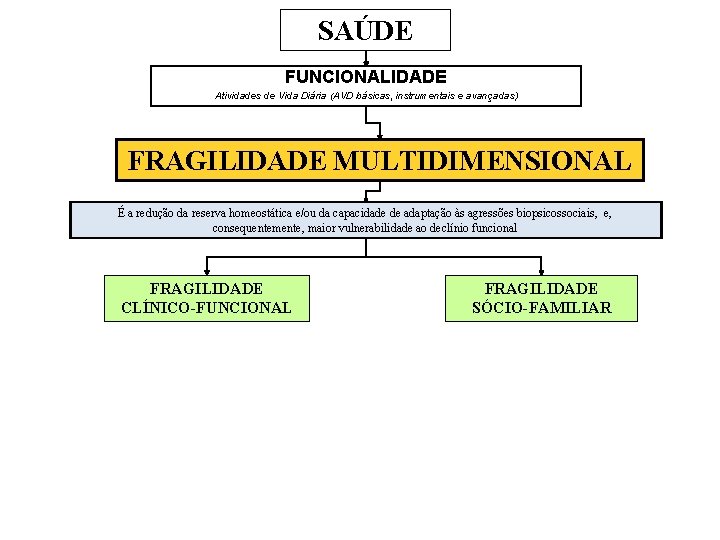 SAÚDE FUNCIONALIDADE Atividades de Vida Diária (AVD básicas, instrumentais e avançadas) FRAGILIDADE MULTIDIMENSIONAL É