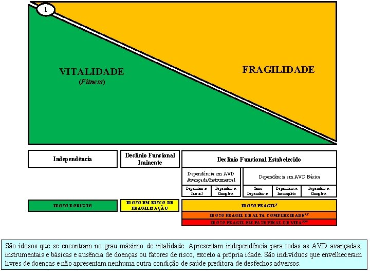 1 FRAGILIDADE VITALIDADE (Fitness) Independência Declínio Funcional Iminente Declínio Funcional Estabelecido Dependência em AVD