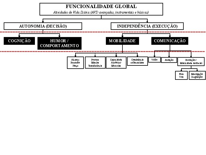 FUNCIONALIDADE GLOBAL Atividades de Vida Diária (AVD avançadas, instrumentais e básicas) AUTONOMIA (DECISÃO) COGNIÇÃO