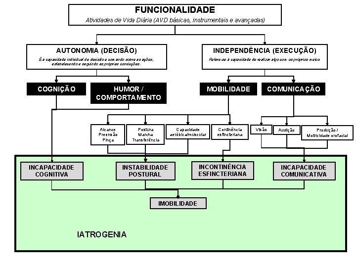 FUNCIONALIDADE Atividades de Vida Diária (AVD básicas, instrumentais e avançadas) AUTONOMIA (DECISÃO) INDEPENDÊNCIA (EXECUÇÃO)