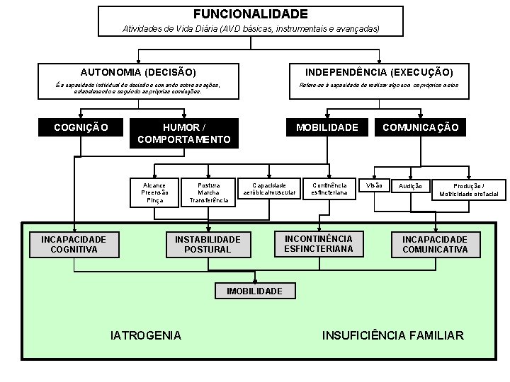 FUNCIONALIDADE Atividades de Vida Diária (AVD básicas, instrumentais e avançadas) AUTONOMIA (DECISÃO) INDEPENDÊNCIA (EXECUÇÃO)