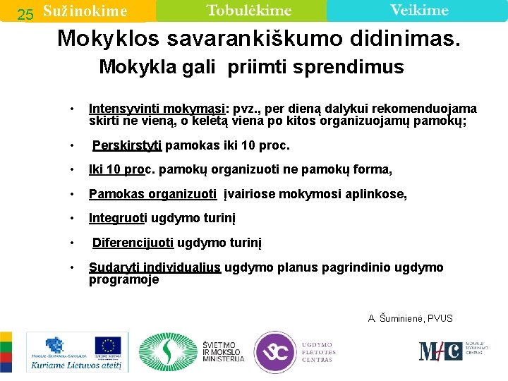 25 Sužinokime Mokyklos savarankiškumo didinimas. Mokykla gali priimti sprendimus • Intensyvinti mokymąsi: pvz. ,