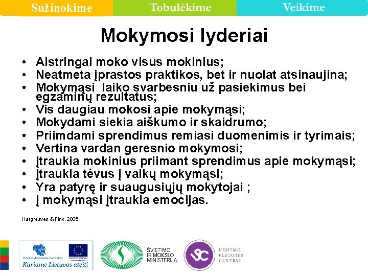 Sužinokime Mokymosi lyderiai • Aistringai moko visus mokinius; • Neatmeta įprastos praktikos, bet ir