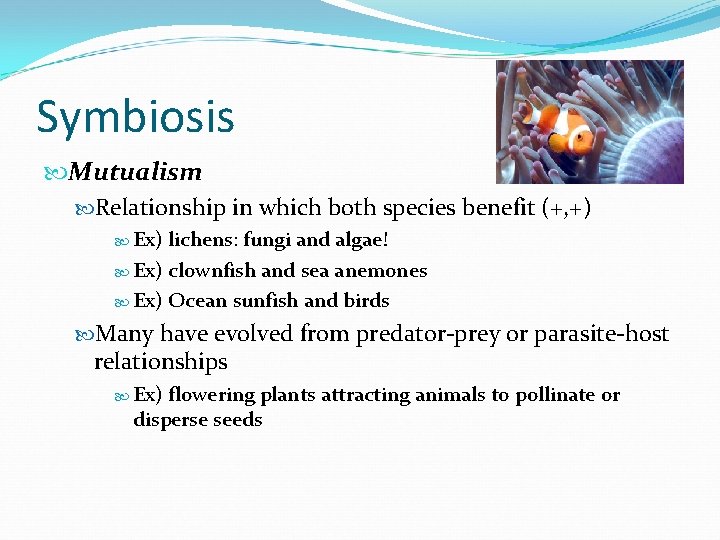 Symbiosis Mutualism Relationship in which both species benefit (+, +) Ex) lichens: fungi and