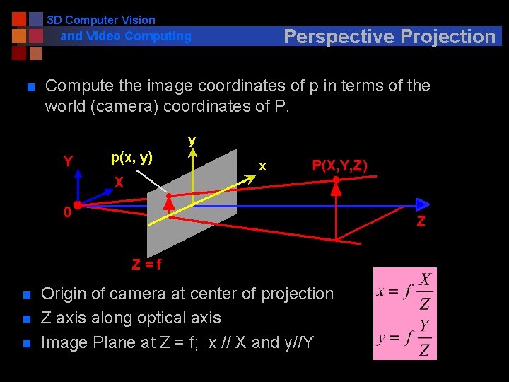 3 D Computer Vision Perspective Projection and Video Computing n Compute the image coordinates