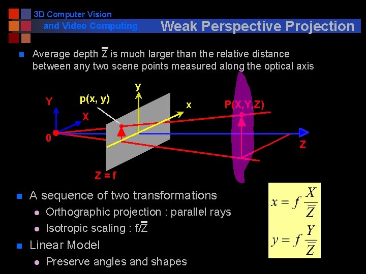 3 D Computer Vision and Video Computing n Weak Perspective Projection Average depth Z