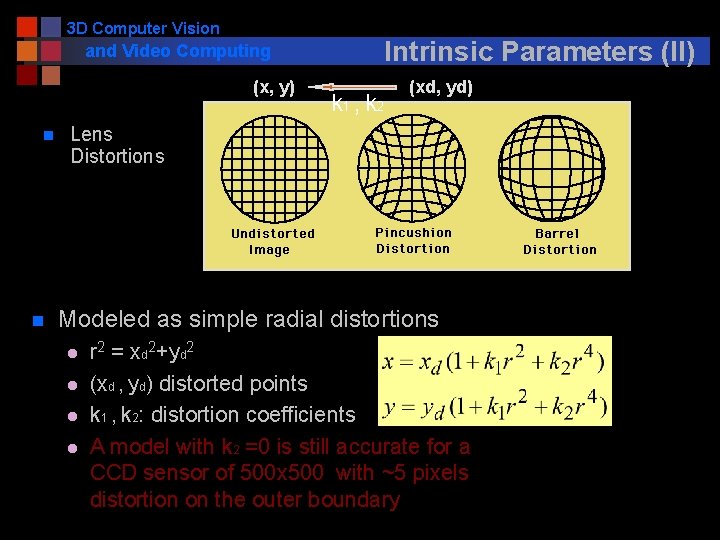 3 D Computer Vision Intrinsic Parameters (II) and Video Computing (x, y) n n