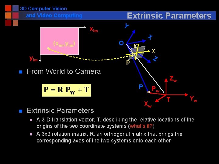 3 D Computer Vision Extrinsic Parameters and Video Computing xim (xim, yim) yim n