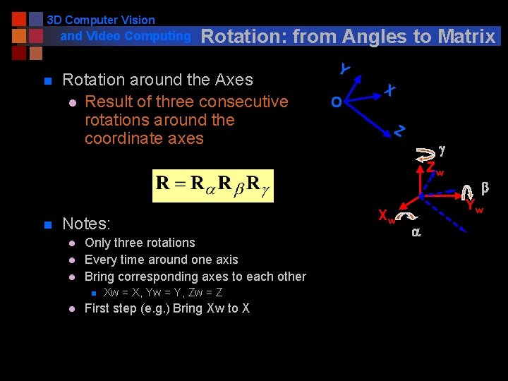3 D Computer Vision and Video Computing n Rotation: from Angles to Matrix Rotation