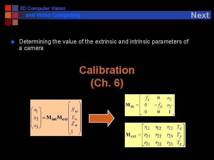 3 D Computer Vision and Video Computing n Determining the value of the extrinsic