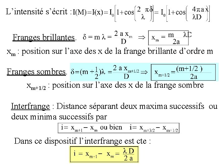 L’intensité s’écrit : Franges brillantes. xm : position sur l’axe des x de la