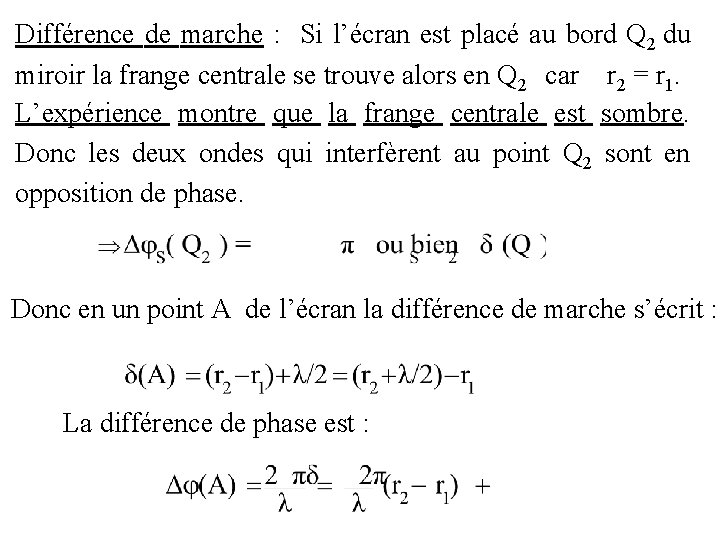 Différence de marche : Si l’écran est placé au bord Q 2 du miroir