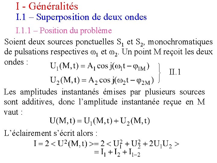 I - Généralités I. 1 – Superposition de deux ondes I. 1. 1 –