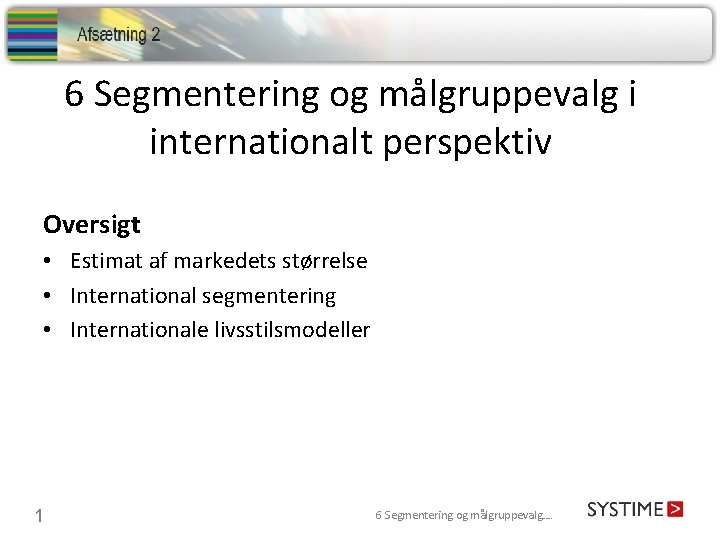 6 Segmentering og målgruppevalg i internationalt perspektiv Oversigt • Estimat af markedets størrelse •