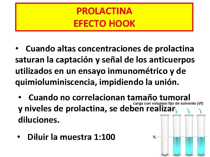 PROLACTINA EFECTO HOOK • Cuando altas concentraciones de prolactina saturan la captación y señal