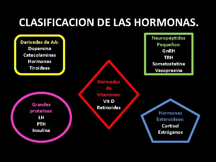 CLASIFICACION DE LAS HORMONAS. Neuropéptidos Pequeños: Gn. RH TRH Somatostatina Vasopresina Derivadas de AA: