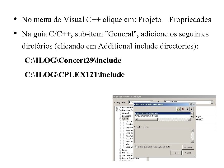  • No menu do Visual C++ clique em: Projeto – Propriedades • Na