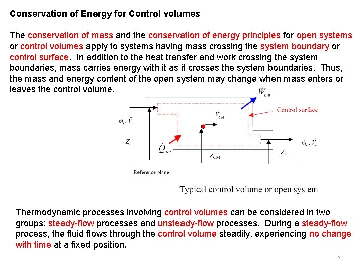 Conservation of Energy for Control volumes The conservation of mass and the conservation of