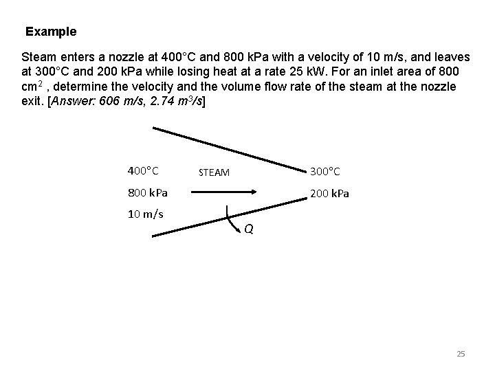 Example Steam enters a nozzle at 400°C and 800 k. Pa with a velocity