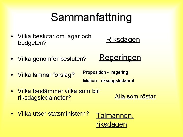 Sammanfattning • Vilka beslutar om lagar och budgeten? • Vilka genomför besluten? • Vilka