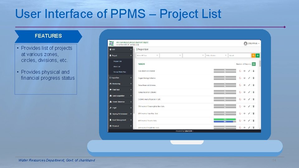 User Interface of PPMS – Project List FEATURES • Provides list of projects at