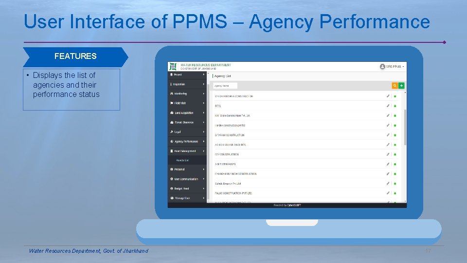 User Interface of PPMS – Agency Performance FEATURES • Displays the list of agencies