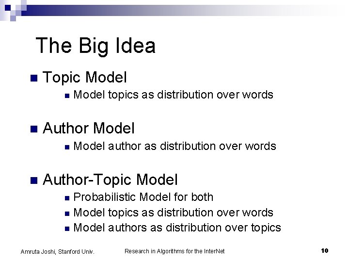 The Big Idea n Topic Model n n Author Model n n Model topics