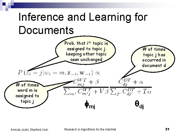 Inference and Learning for Documents Prob. that ith topic is assigned to topic j