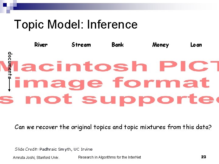 Topic Model: Inference River Stream Bank Money Loan documents Can we recover the original