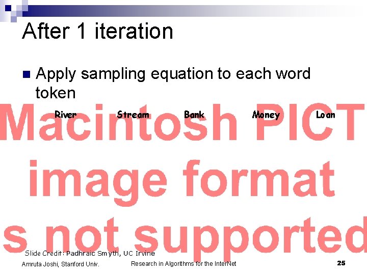 After 1 iteration n Apply sampling equation to each word token River Stream Bank