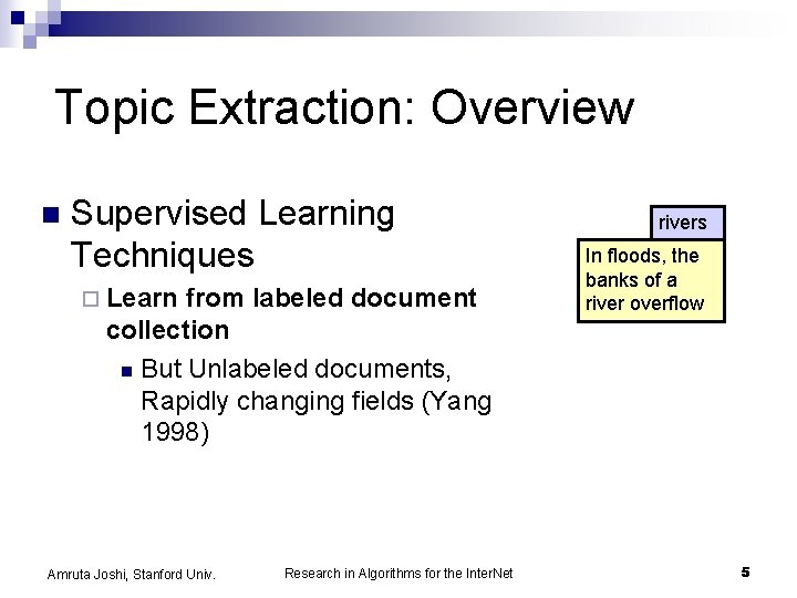 Topic Extraction: Overview n Supervised Learning Techniques ¨ Learn from labeled document collection n