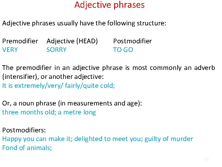 Adjective phrases usually have the following structure: Premodifier VERY Adjective (HEAD) SORRY Postmodifier TO