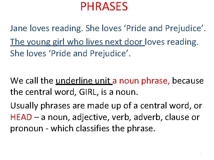 PHRASES Jane loves reading. She loves ‘Pride and Prejudice’. The young girl who lives