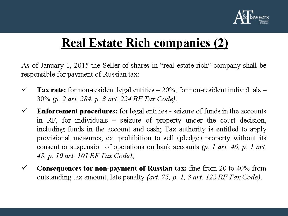Real Estate Rich companies (2) As of January 1, 2015 the Seller of shares Real Estate Rich companies (2) As of January 1, 2015 the Seller of shares