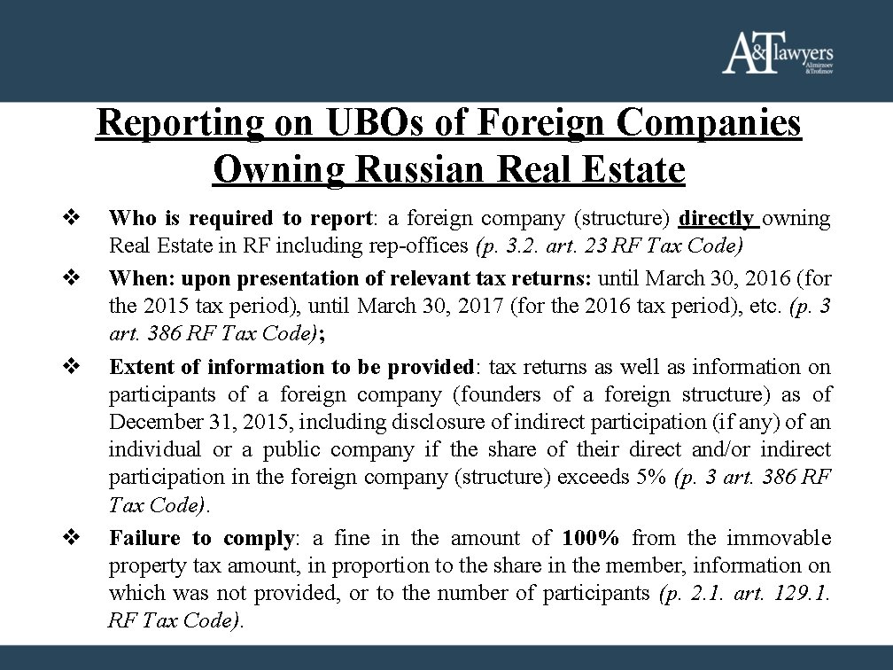 Reporting on UBOs of Foreign Companies Owning Russian Real Estate v v Who is Reporting on UBOs of Foreign Companies Owning Russian Real Estate v v Who is