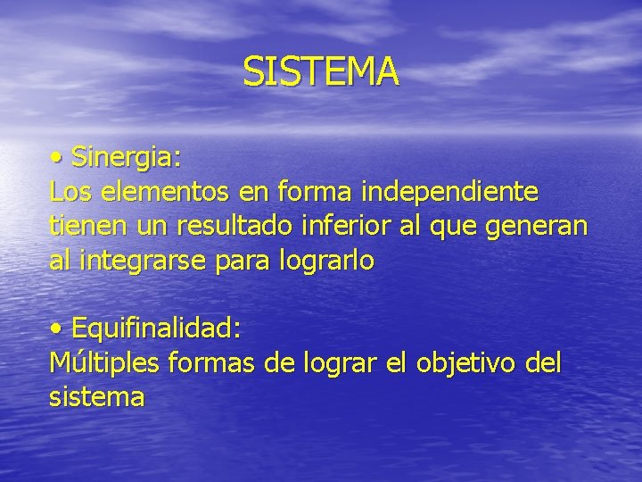 SISTEMA • Sinergia: Los elementos en forma independiente tienen un resultado inferior al que