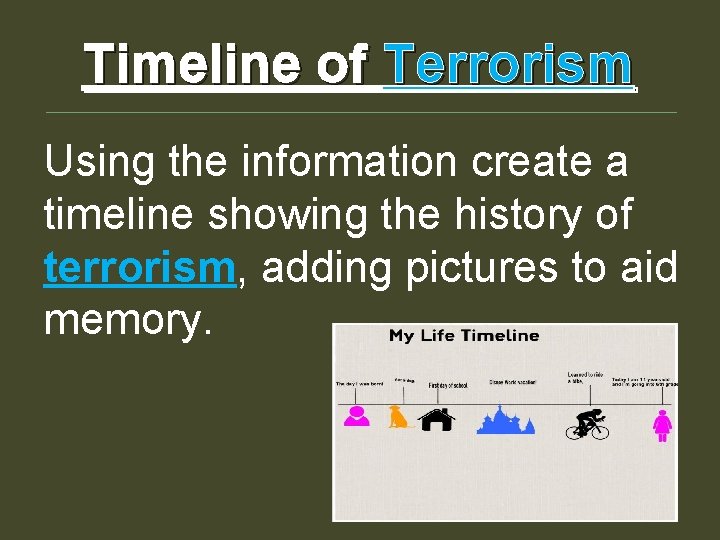 Timeline of Terrorism Using the information create a timeline showing the history of terrorism, Timeline of Terrorism Using the information create a timeline showing the history of terrorism,